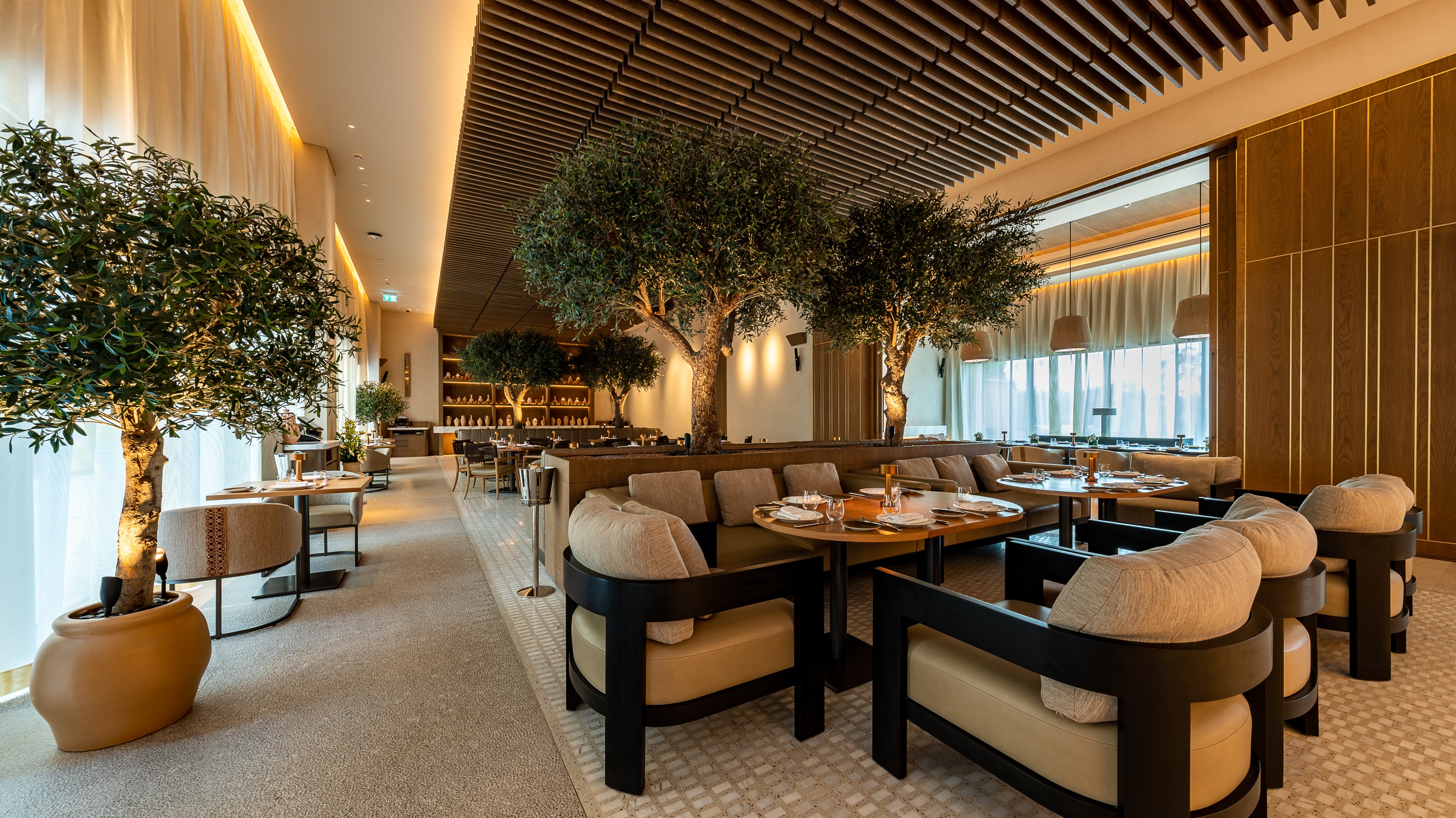 Elegant private dining room with artistic wall mural